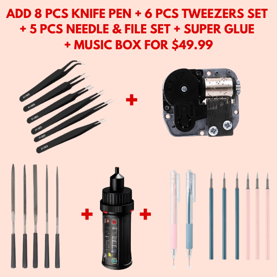 8 pcs Knife Pen + 6 pcs Tweezers Set + 5 pcs Needle & File set + Super Glue + MUSIC BOX FOR $49.99