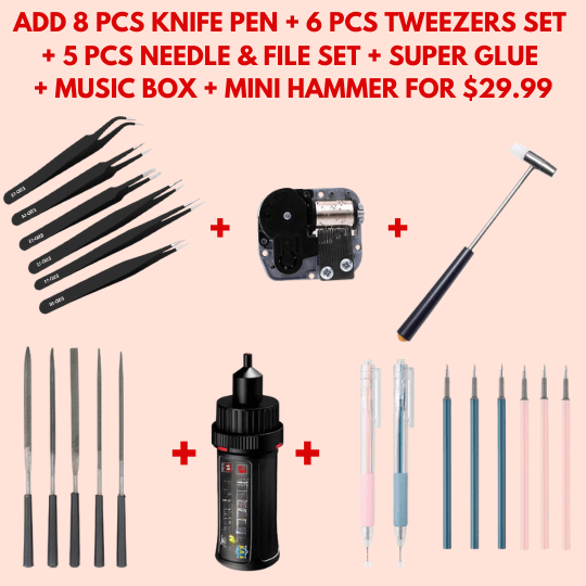 8 pcs Knife Pen + 6 pcs Tweezers Set + 5 pcs Needle & File set + Super Glue + MUSIC BOX FOR $29.99